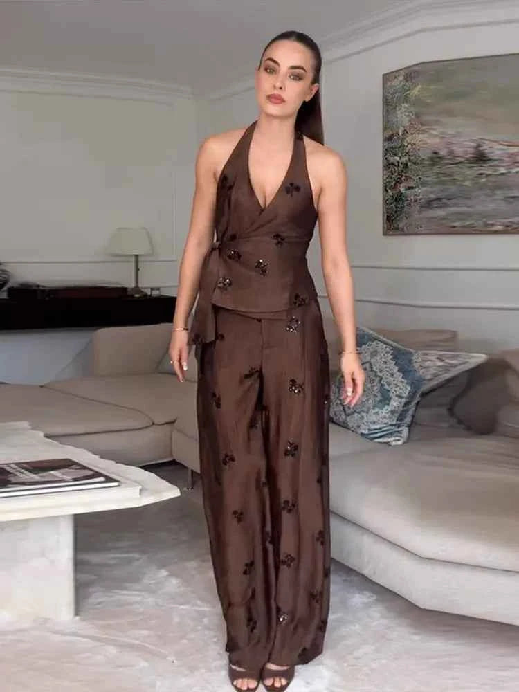Sequin Embroidered Halter V-Neck Wrap Top & Wide Leg Pants Set 2026 Summer Chic Elegant Women Vocation Casual Two Piece Outfit