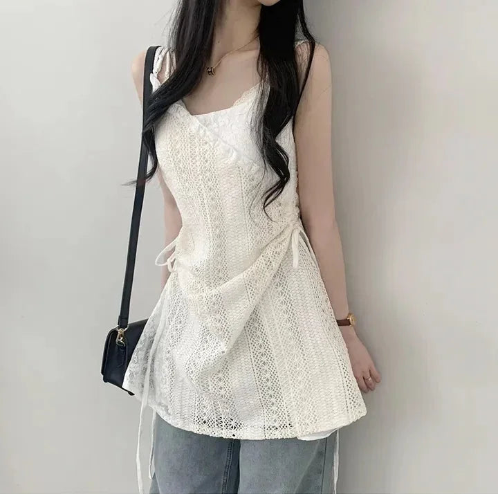 French Lace Sling Dress — Layered Gauze Knit Short Dress