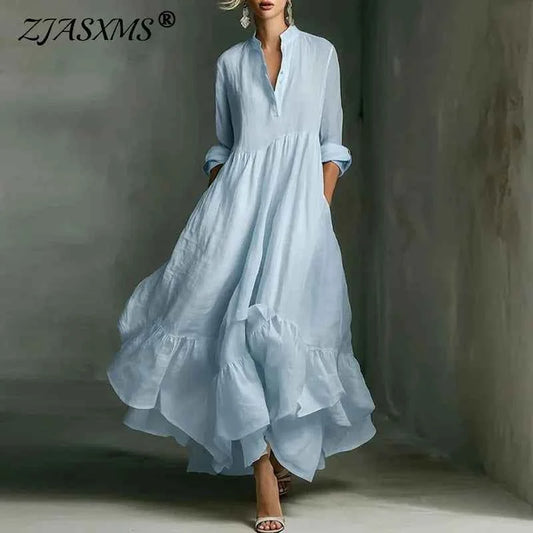 Women's Casual Dresses 2026 Spring Elegant V Neck High Waist A-Line Long Dress Retro Solid 3/4 Sleeve Ruffle Hem Boho Maxi Dress