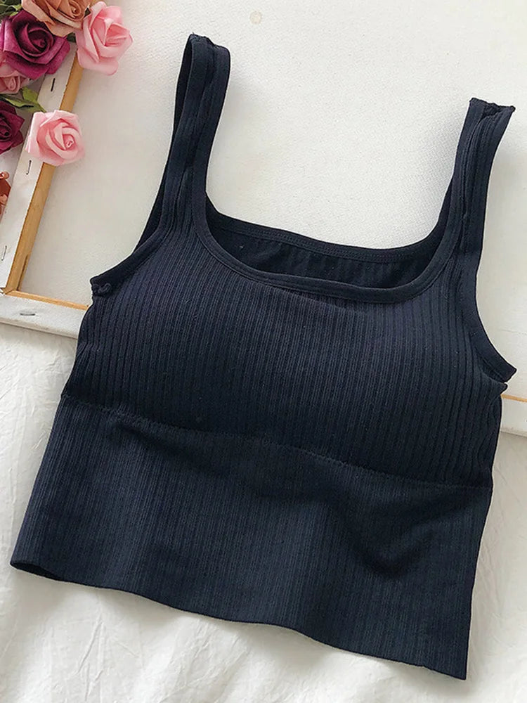Summer Crop Top Women Seamless Square Collar Wide Straps Tank Top Knitted Striped Camisole Solid Corset Top Female