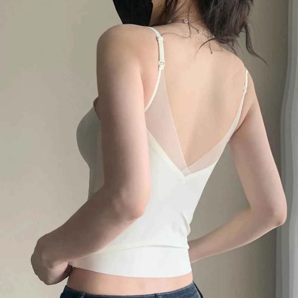 Satin V-Neck Camisole with Built-In Bra | Backless Sleeveless Tank Top