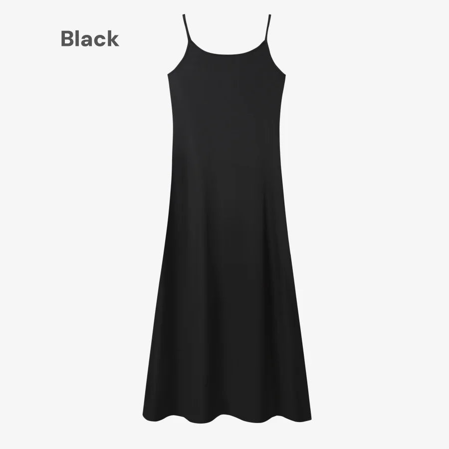 Satin Slip Maxi Dress — Mock Neck Adjustable Floor-Length Dress