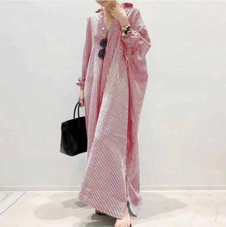 Casual Striped Loose Dresses For Women Fashion Long Sleeve Turn-down Collar Button Shirt Dress Lady Spring Autumn Clothes New