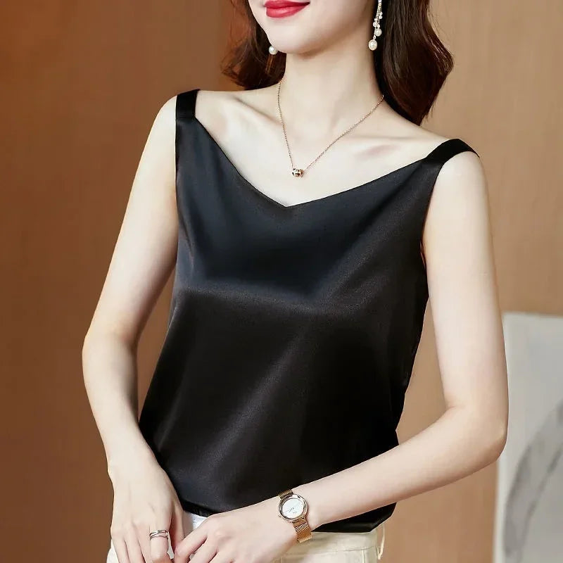 Women's Satin Silk Blouse – Sleeveless V-Neck Top | White, Black & Champagne Gold