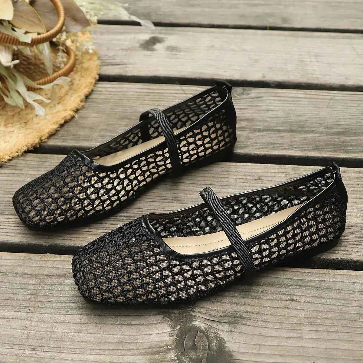 Breathable Woven Flats | Square Toe Buckle Strap Ballet Shoes for Women