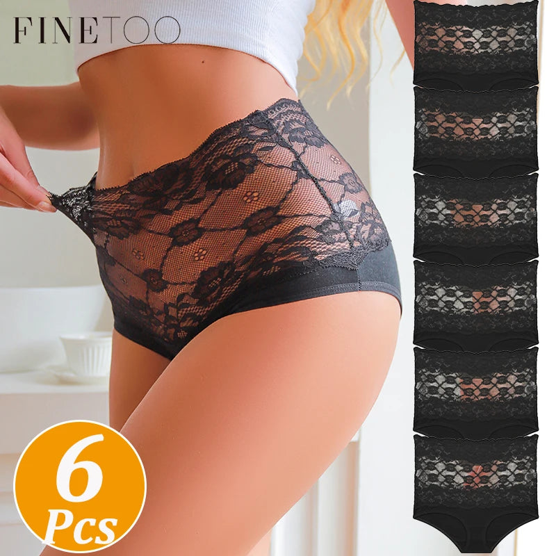 FINETOO 6-Pack Women's High Waist Lace Briefs – Soft Cotton Floral Hipster Underwear S-2XL