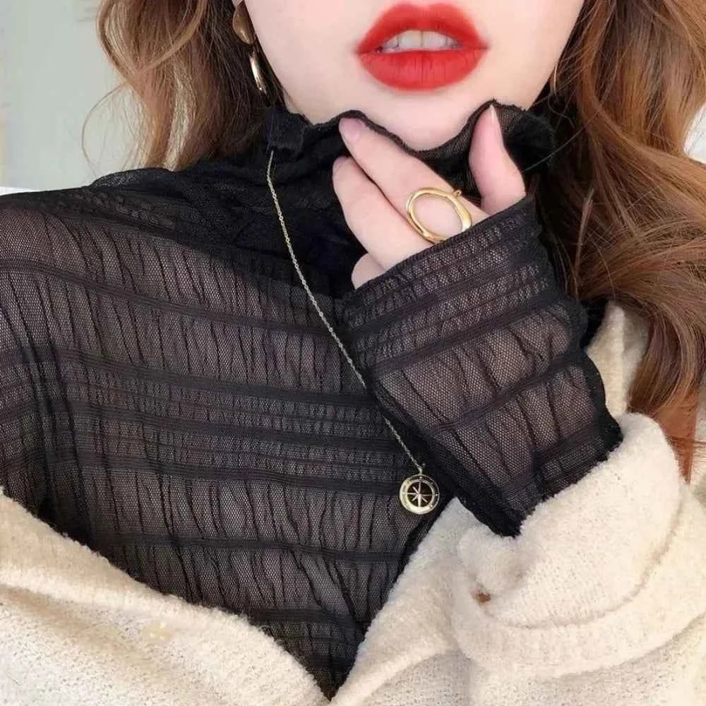Sheer Lace Mesh Blouse for Women — Long Sleeve, See-Through Turtleneck Top