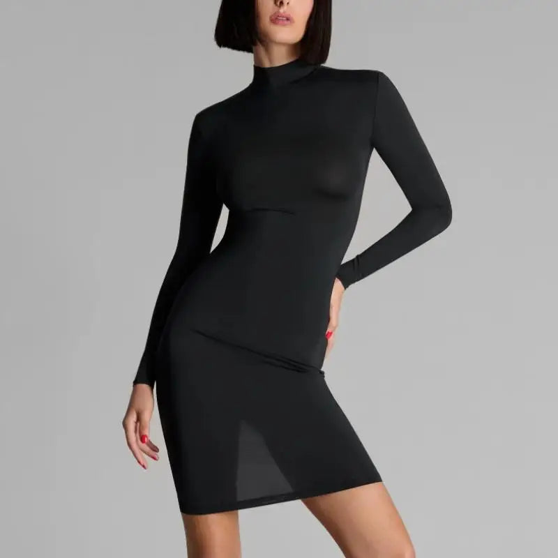 Net Sash Patchwork A-Line Dress — Long Sleeve Slim Fit Dress