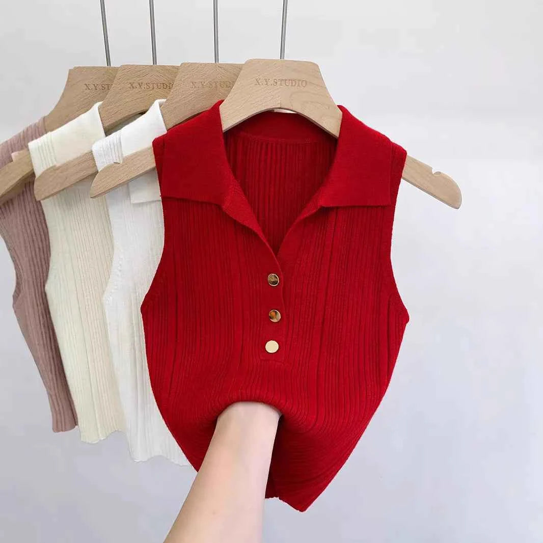 Summer Turn Down Collar Gold Button Slim Knitted Sweater Vests Elegant Knitwear Tank Tops BSTFSC-m1948
