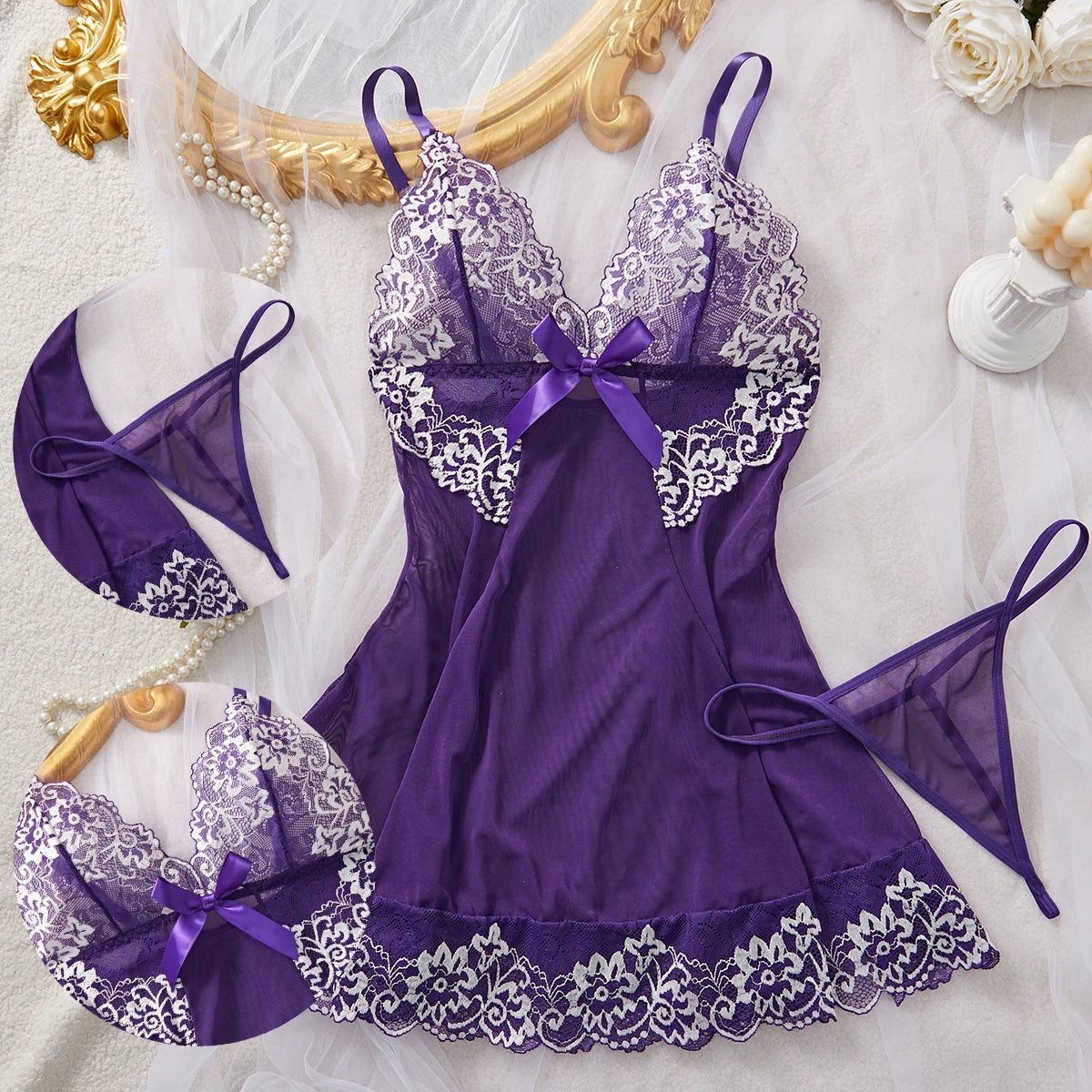 See-Through Lace Lingerie Set — Crotchless Sleepwear & Nightwear