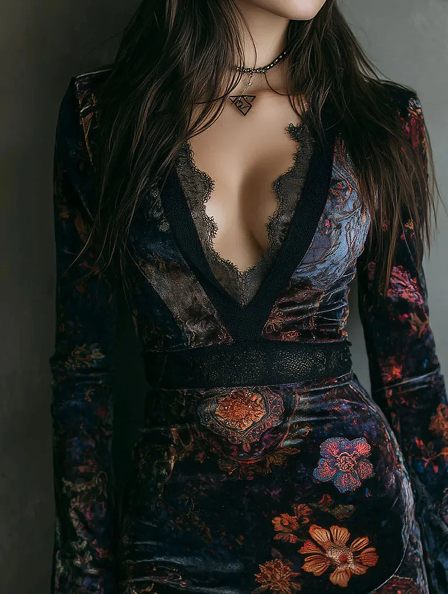 Velvet Floral Lace Mini Dress — Gothic V-Neck Long Sleeve Vintage Dress