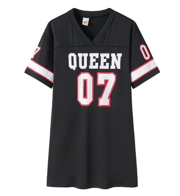V-Neck Letter Print Mini Dress — Sporty Short Sleeve Streetwear