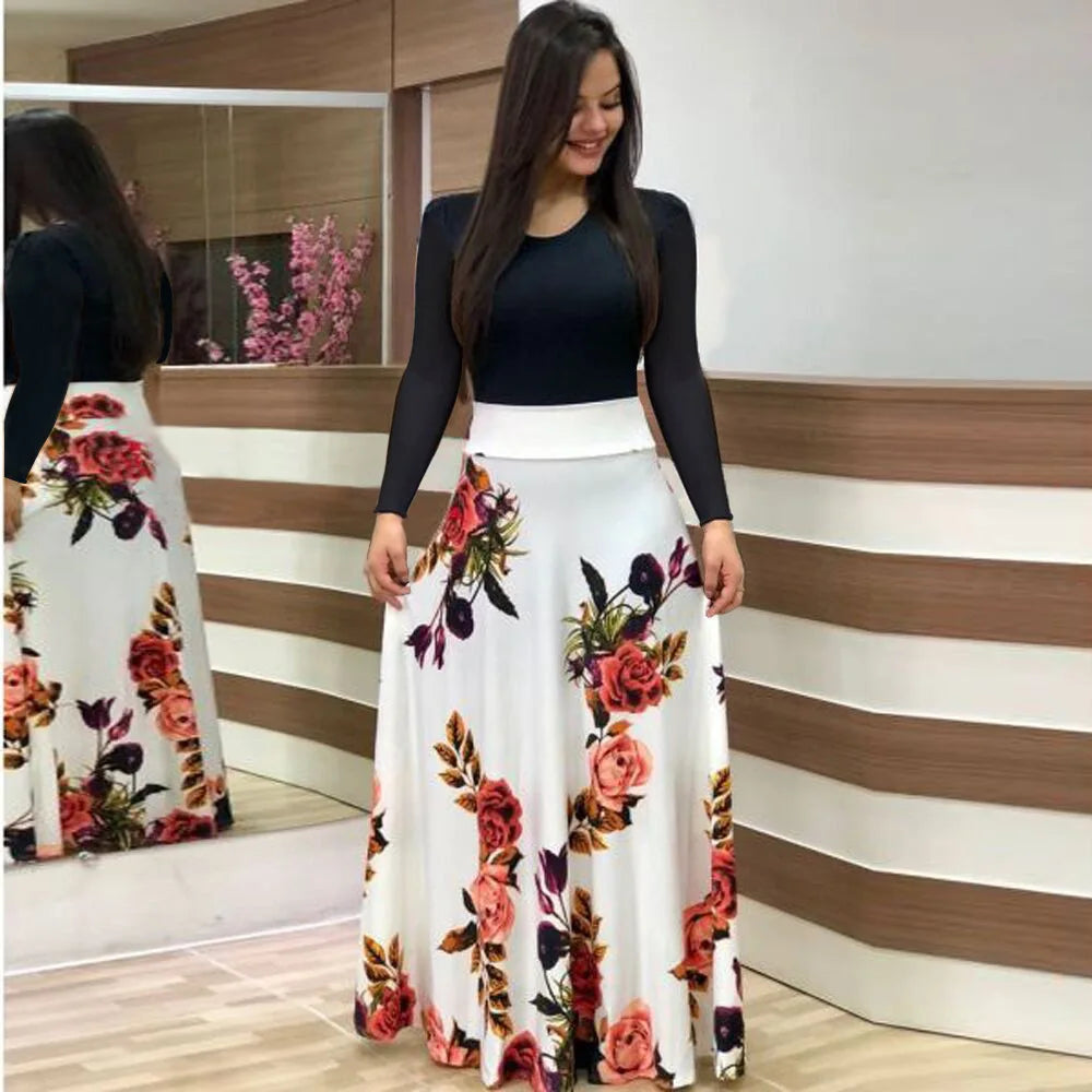 Floral Print Swing Dress — Short Sleeve Color Block Midi Skirt