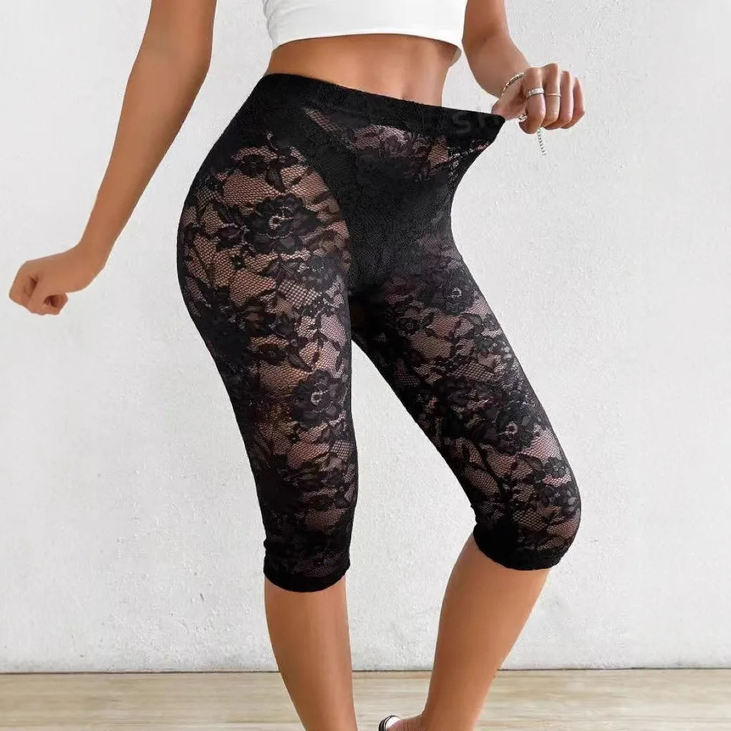 Black Lace Leggings for Women – High-Waisted Sheer Cropped Trousers