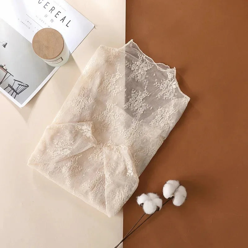 Women's Sheer Lace Mesh Blouse | Long Sleeve See-Through Turtleneck Top