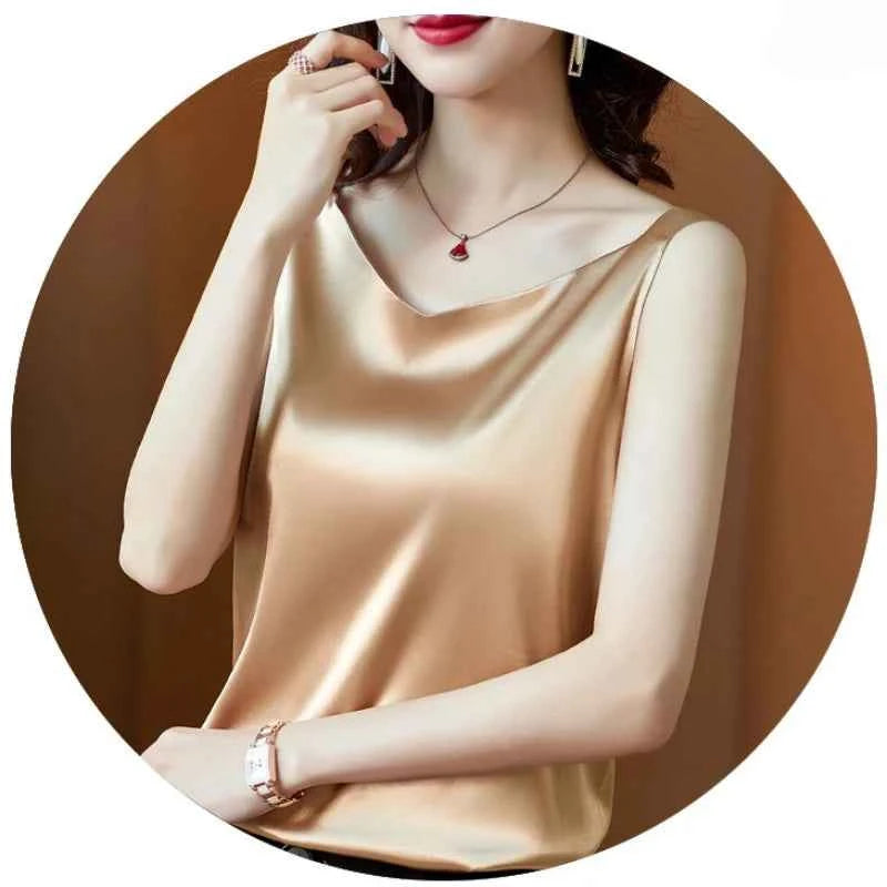 Women's Satin Silk Blouse – Sleeveless V-Neck Top | White, Black & Champagne Gold