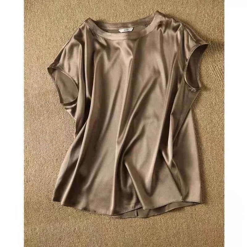 Summer Raglan Sleeve Faux Silk Satin Blouse Women Elegant Office OL Tops Loose Fit T-Shirts Basic Blusas Female Tunic Oversized
