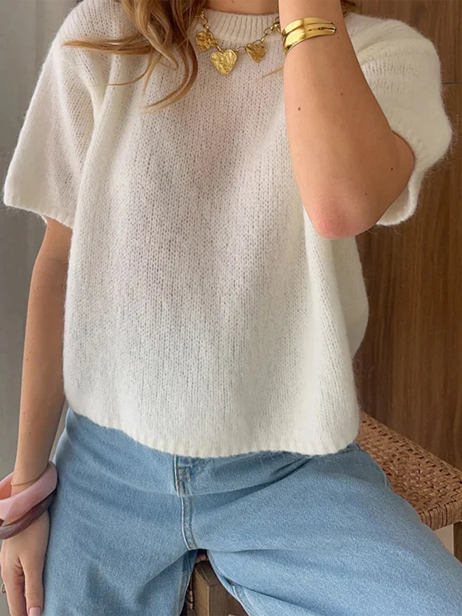 Women Spring Autumn Knit Sweaters Half Sleeve O Neck Solid Color Casual Knitwear jumper