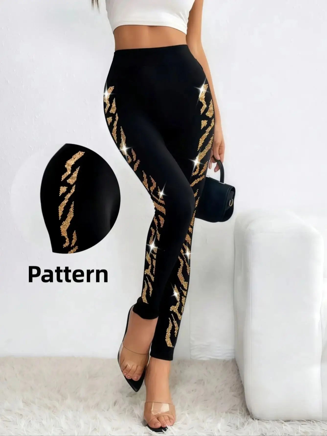 Women's Black Leopard Rhinestone Leggings – High Waist Seamless Knit