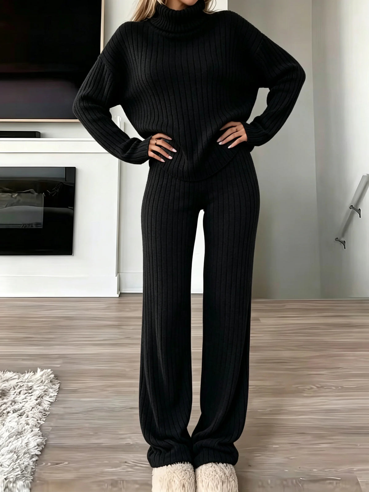 Women Ribbed Knit 2 Piece Outfit, Turtleneck Long Sleeve Sweater Top & High Waist Wide Leg Pants Set, Casual Loungewear Matching Sweatsuit For Daily Wear