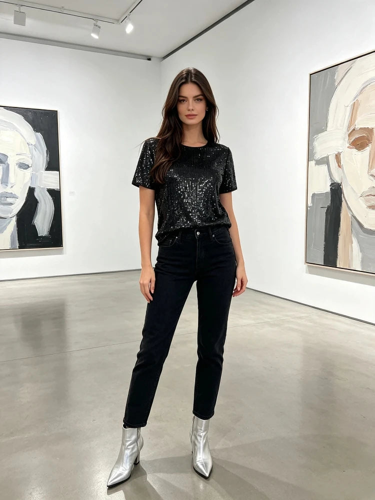 Women's Black Sequin Short Sleeve Top | Glitter Party Tee