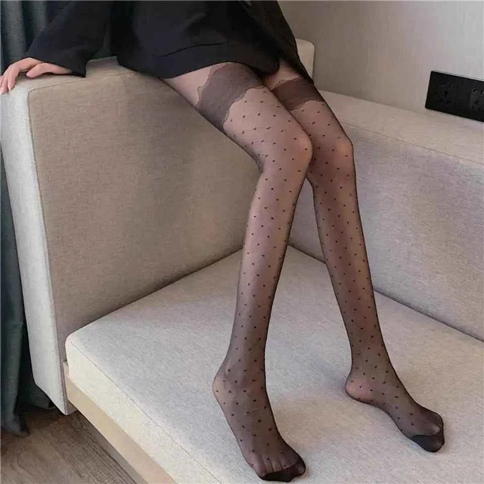 Sexy Tights Classic Polka Dot Printed Silk Stockings Thin Vintage Faux Tattoo Sheer Pantyhose Female Elastic Hosiery Leggings