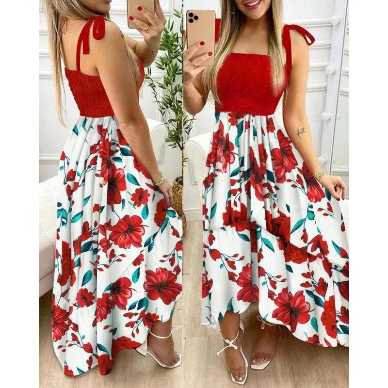 Sling Print Tube Top Dress — Irregular Hem Stitching Mini Dress