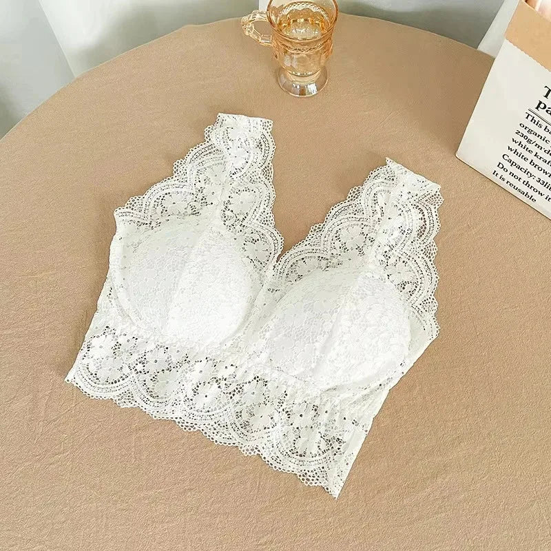Floral Lace Bralette Camisole – Wire-Free Padded Deep V Crop Top for Women