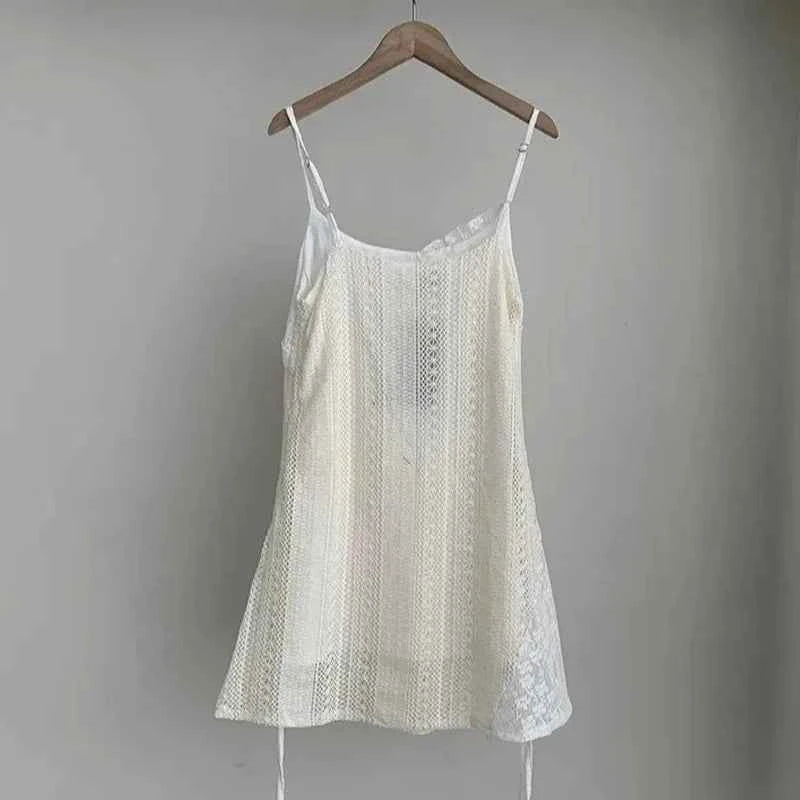Summer Dress Women Chic French Lace Stitching Sling Shirt Stacked Gauze Knitted Dress Overskirt Inner Wear Base Short Dress