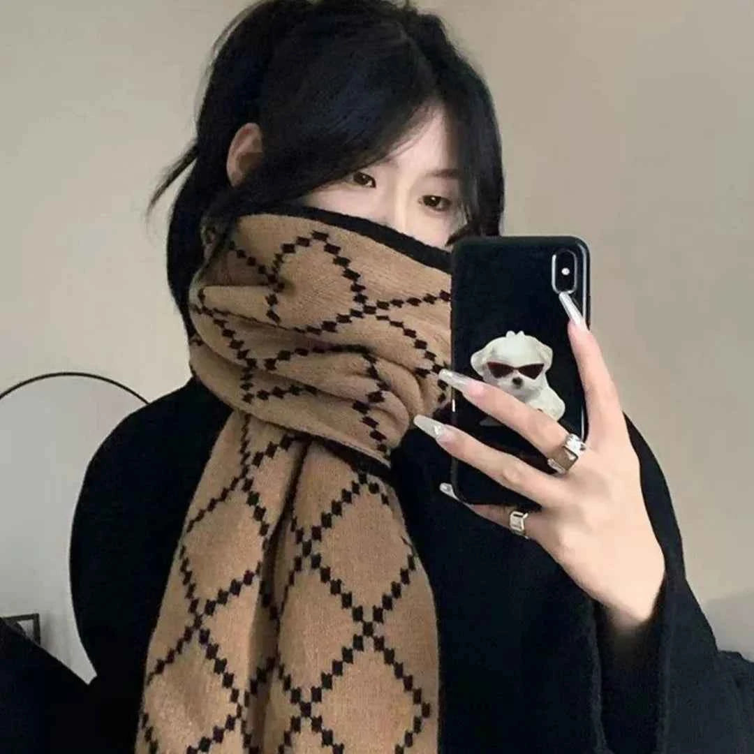 Winter Women Men Scarf Double-Sided Woolen Knitted Plaid Scarf Small Soft Warm Couple Scarves Outdoor Windproof Neckerchief