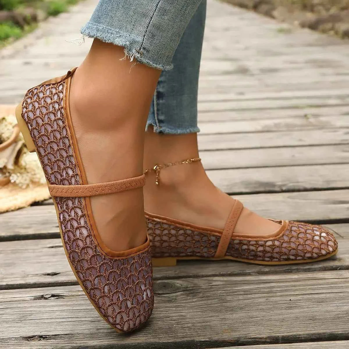 Breathable Woven Flats | Square Toe Buckle Strap Ballet Shoes for Women