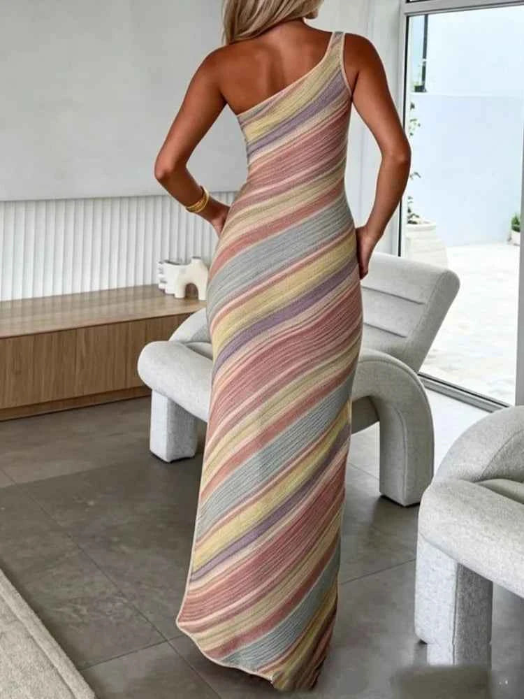 Color Blocked Knitted Long Dress Women Elegant Off Shoulder Corset High Split Vestidos 2026 Lady Daily Beach Vacation Wear New