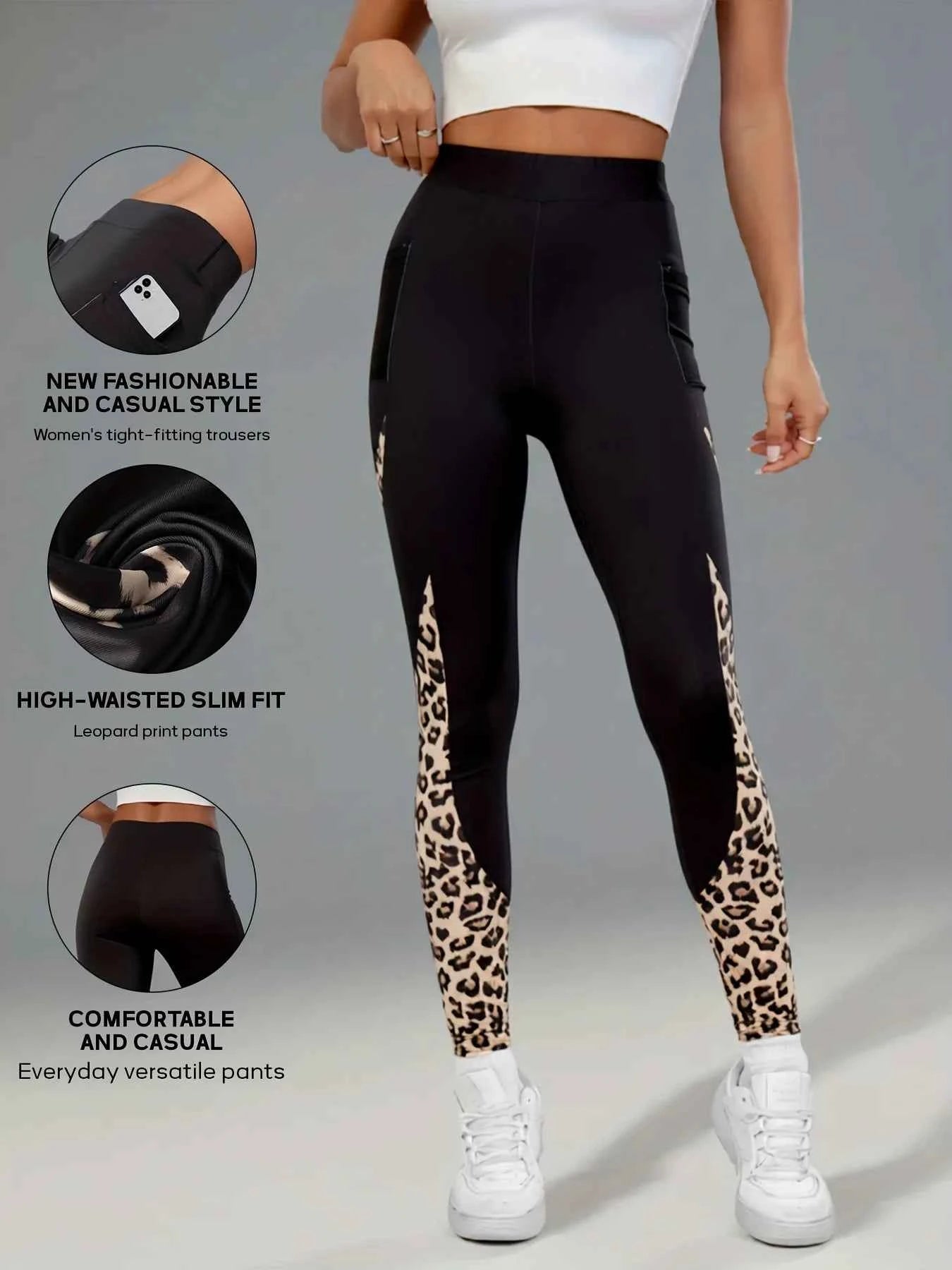Women's High-Waist Leopard Print Leggings with Side Pockets