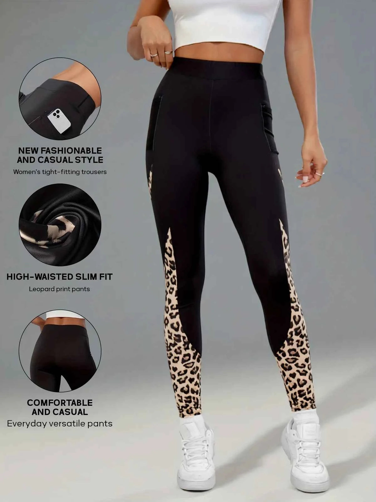 Women's High-Waist Leopard Print Leggings with Side Pockets