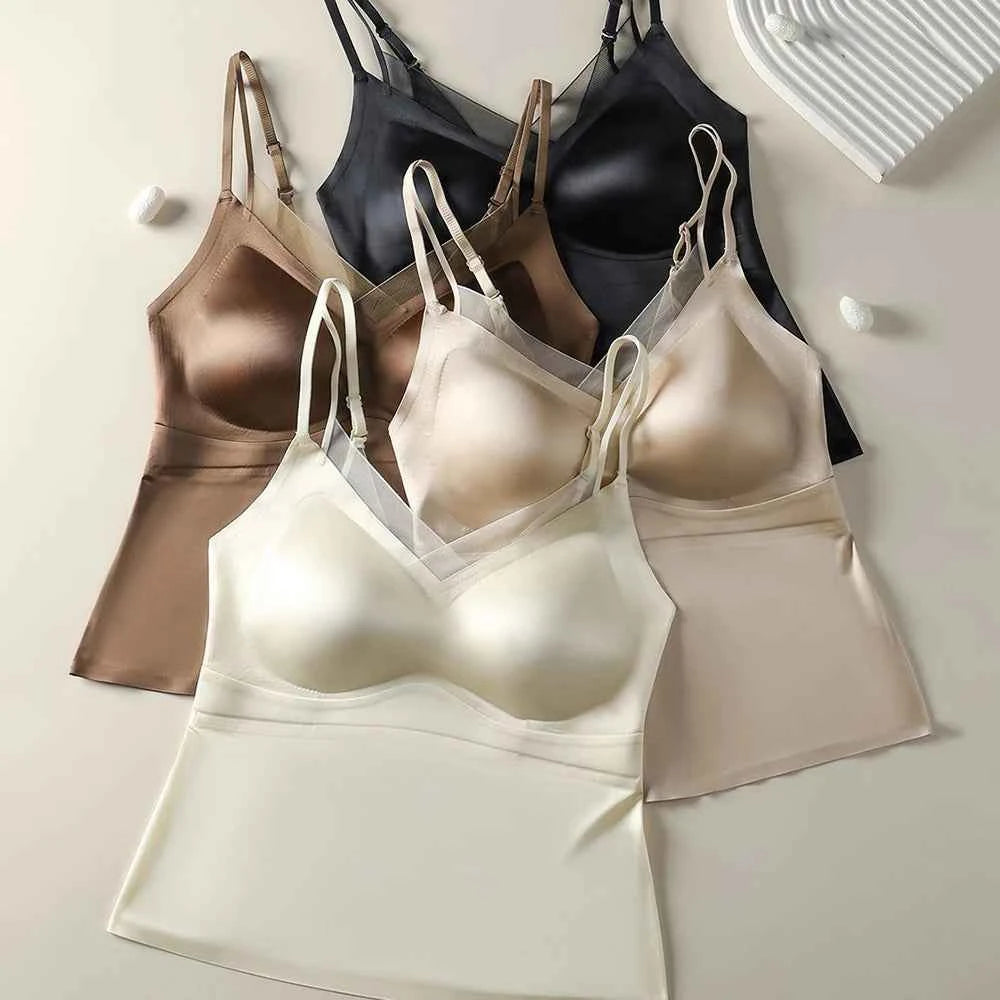 Satin V-Neck Camisole with Built-In Bra | Backless Sleeveless Tank Top