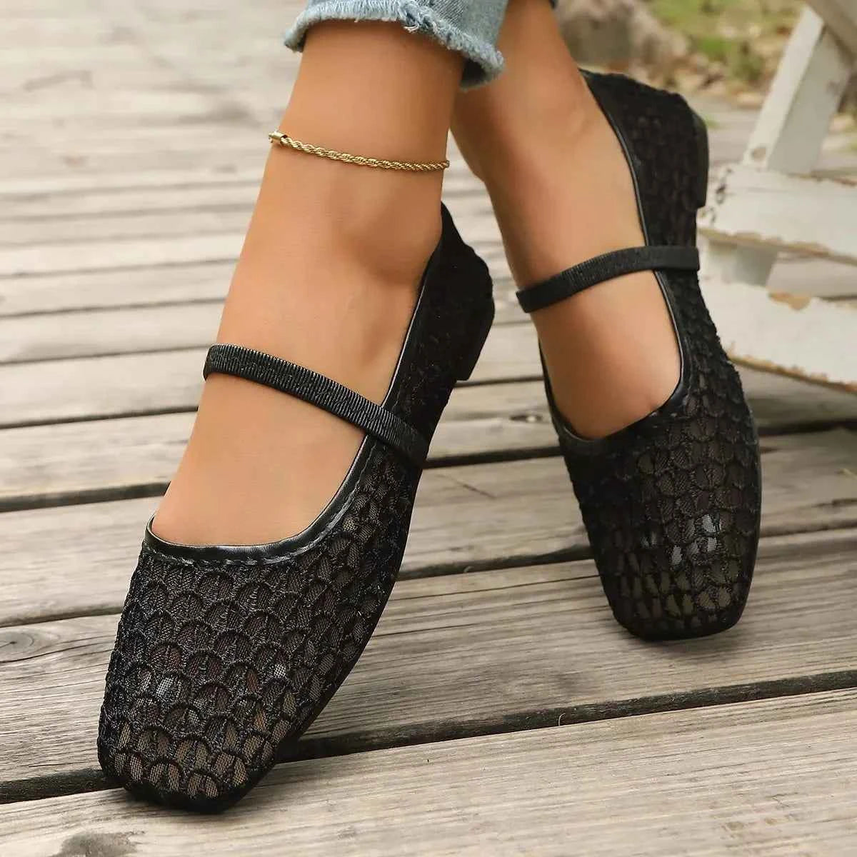 Breathable Woven Flats | Square Toe Buckle Strap Ballet Shoes for Women