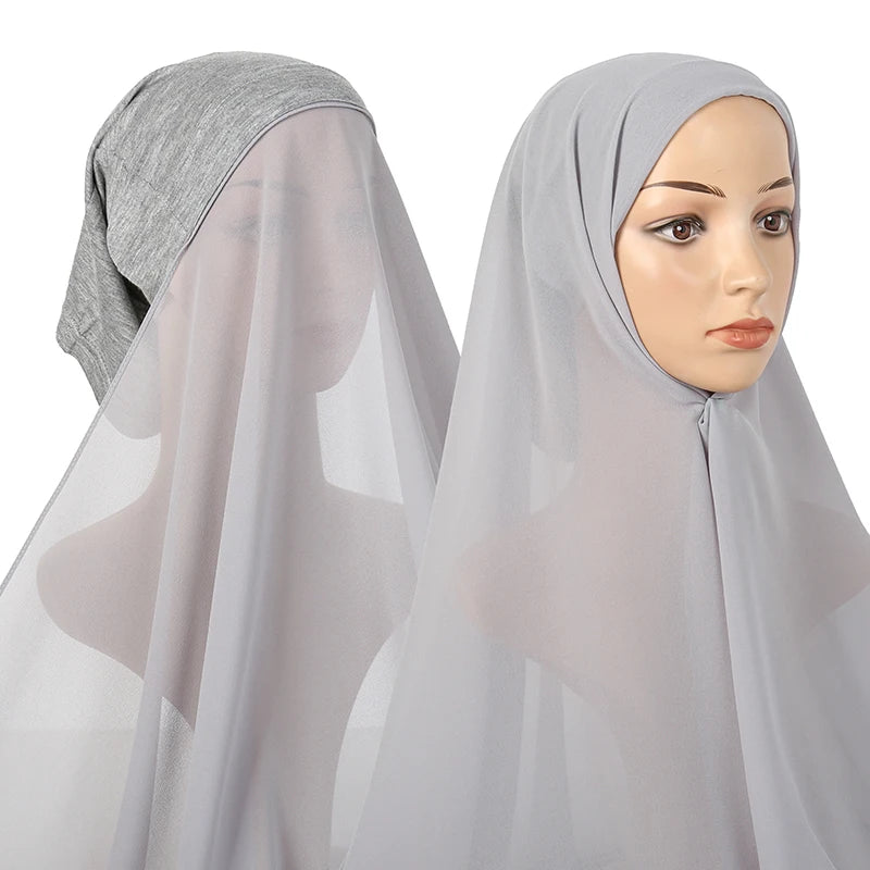 Instant Hijab with Tube Caps Women Premium Chiffon Hijab Muslim Soft Modal Cotton Open Caps Solid Colors Chiffon Shawl Turban