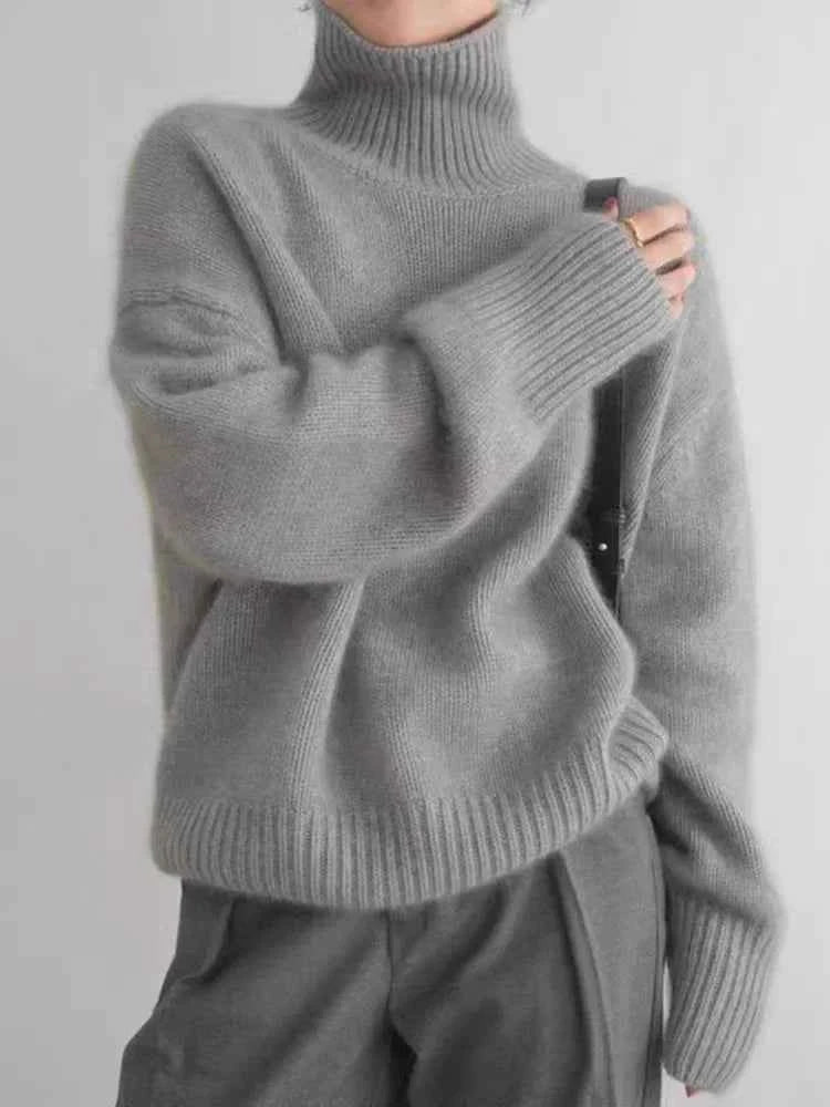 Autumn Winter New High Collar Cashmere Sweater Women Pure Color Cashmere Thick Knitted Pullover 2024 Loose Languid Sweater Tops