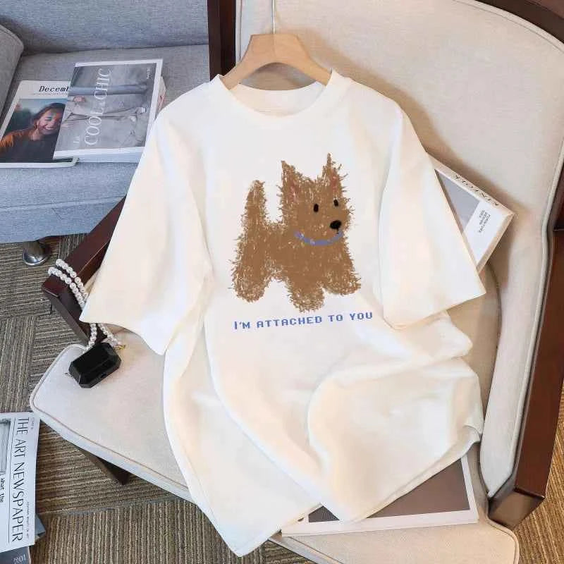 Soft Cuteness Alert  Korean Style T Shirt Cute Fun Pattern Print Loose Short  Sleeve White Top for Women Casual Summer Clothing