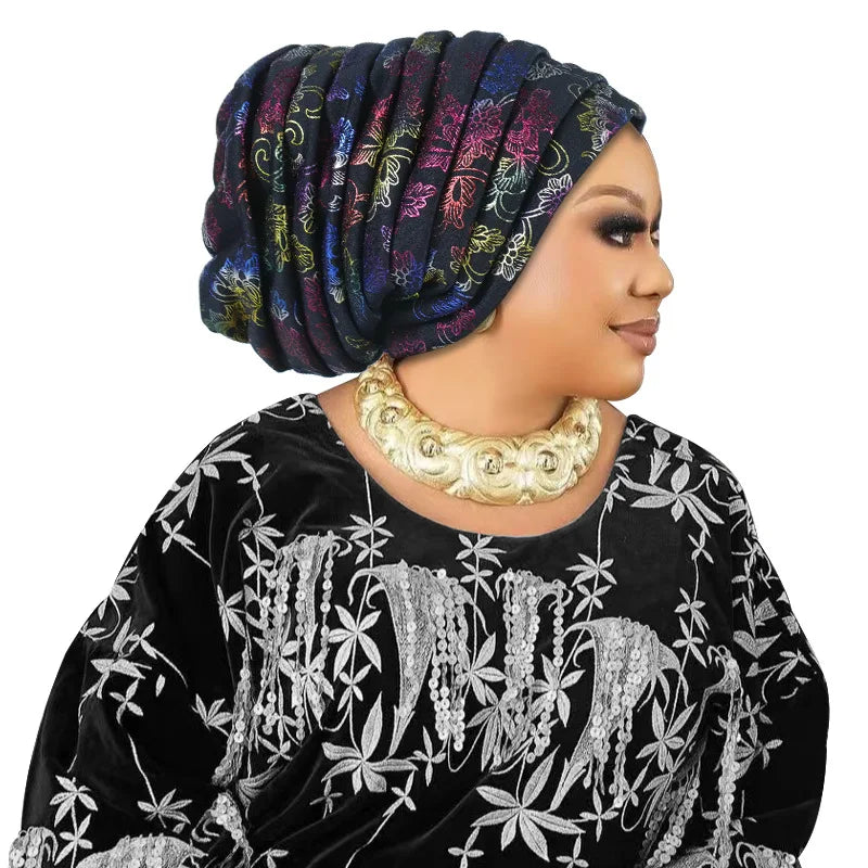Glitter Full Body Pleated Turban Cap for Women 2025 Lady Head Wraps Muslim Headscarf Hat Turbante Mujer African Headpiece