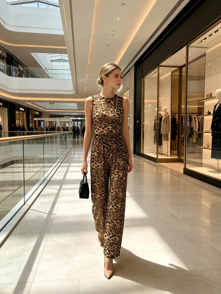 Women's Leopard Print Two-Piece Set | Sleeveless Crop Top & Wide Leg Trousers