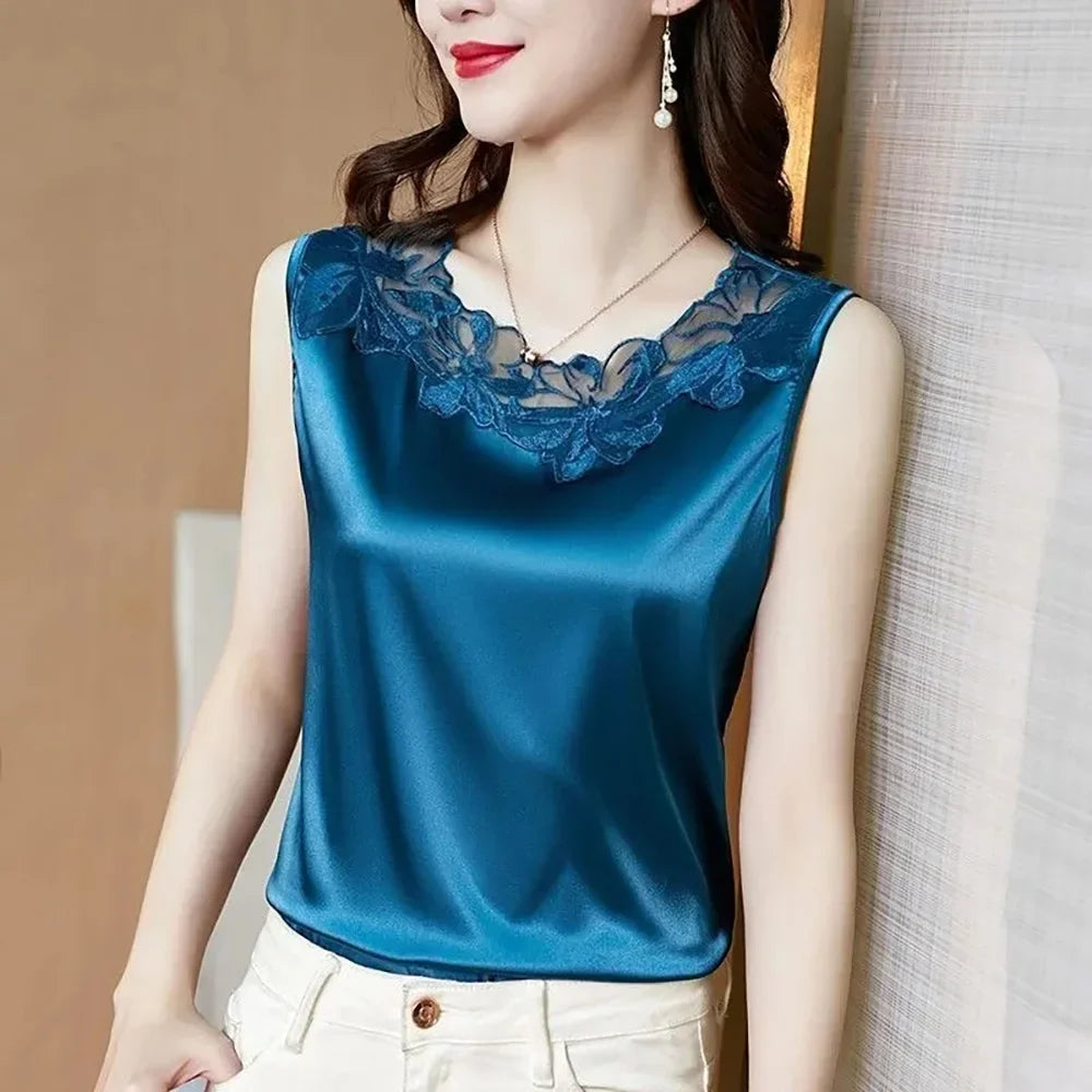 new woman clothing vest camis Tank top women's suit bottom lace lining 2024 summer new silk satin sleeveless top suspender vests