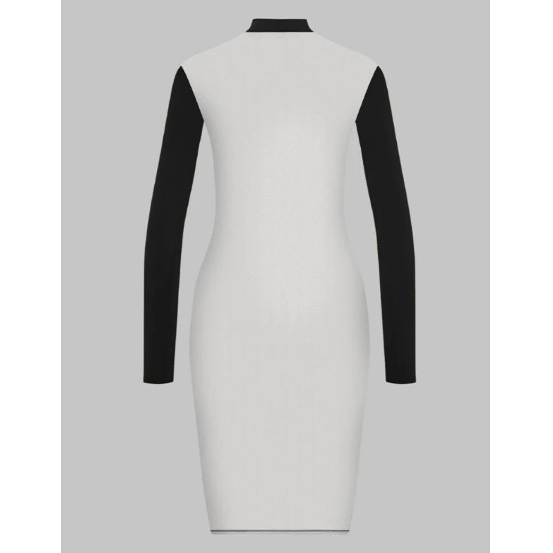 Net Sash Patchwork A-Line Dress — Long Sleeve Slim Fit Dress