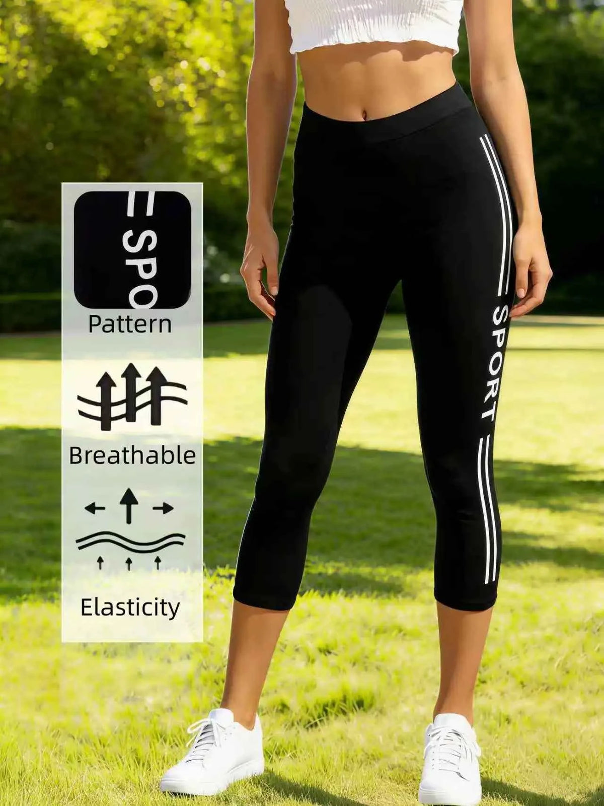 Women's High-Waist Capri Leggings | Sport Letter Print | Seamless Knit