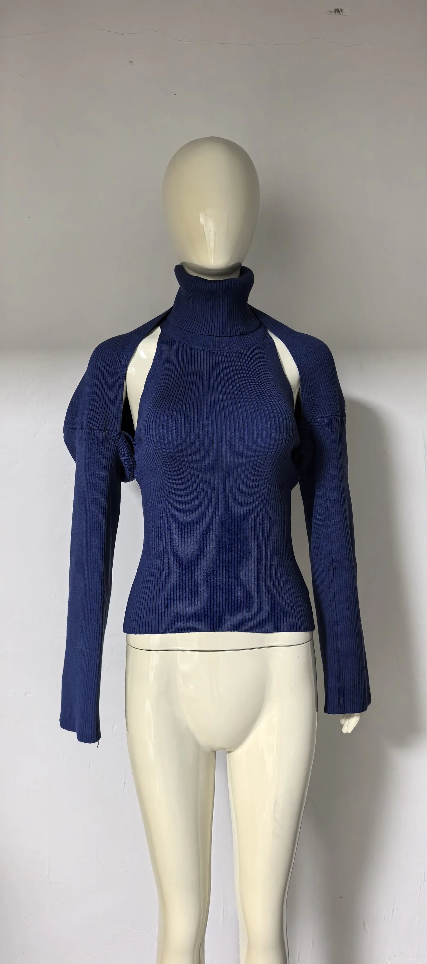 Women Turtleneck Backless Knitted Vest Set Ribbed Sleeveless Vest Long Sleeve Shawl Cape Sweater 2 Piece Set Casual Knit Outfits