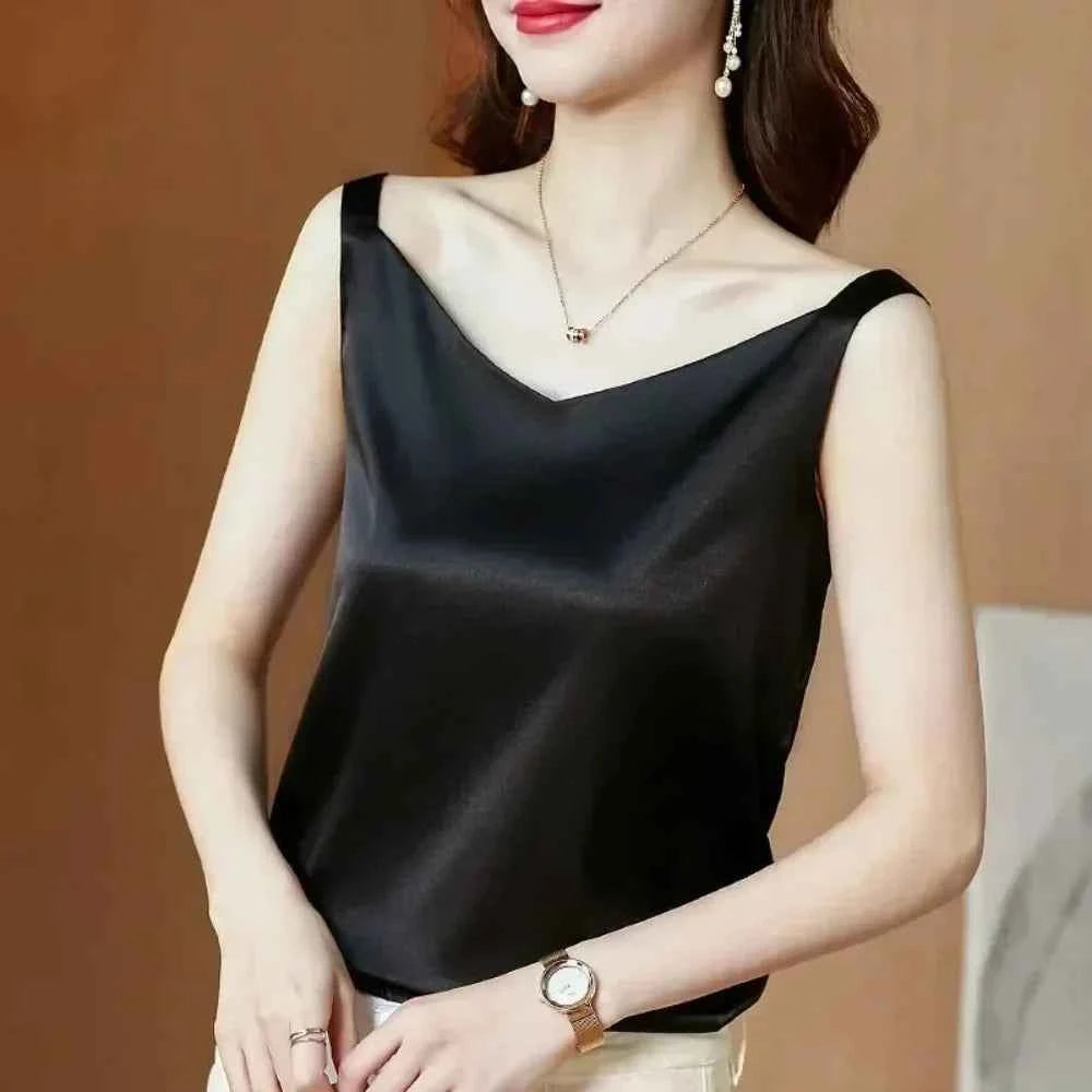 Women's Satin Silk Blouse – Sleeveless V-Neck Top | White, Black & Champagne Gold