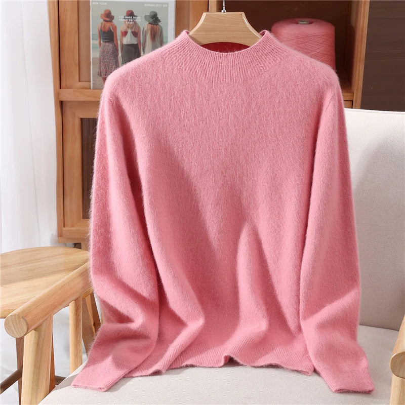 Autumn Winter New Mink Cashmere Sweater Women's Half-Height Color Matching Knitted Pullover Casual Padded Wool Bottoming Coat