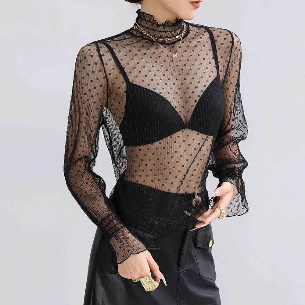 Women's Sheer Lace Mesh Blouse | Long Sleeve See-Through Turtleneck Top