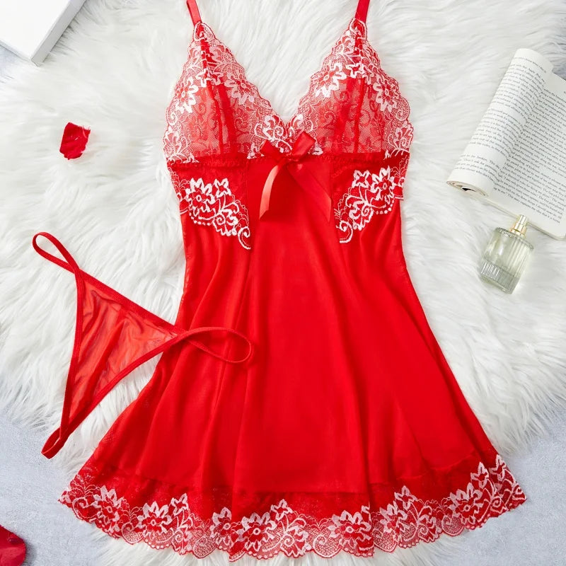 See-Through Lace Lingerie Set — Crotchless Sleepwear & Nightwear