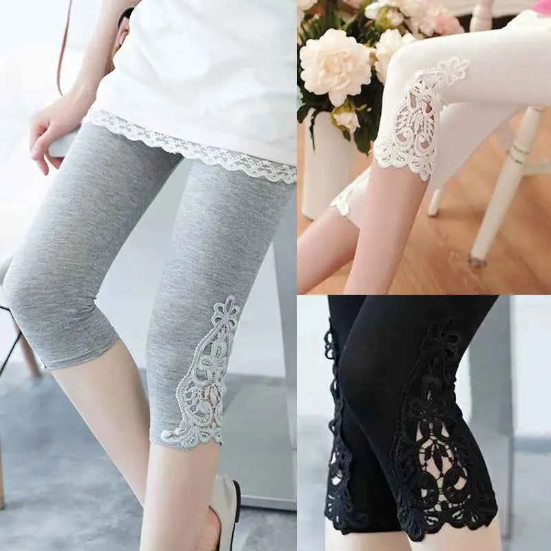 Women's High-Waist Lace Stretch Capri Leggings – Knee-Length Sports & Fitness Pants